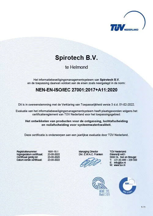 TUV Certificaat ISO 27001 - Spirotech